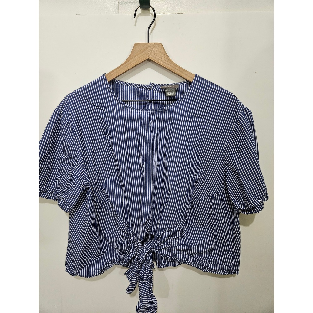 Sans Souci Blue White Striped Tie Front Back Button Crop Top XL GST1359-I